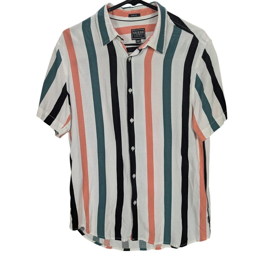 Guess Shirt Mens Medium Vertical Stripe White Short Sleeve Slim Fit Beachy Retro